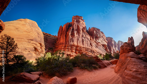 majestic red sandstone formations towering within canyon showcasing natural beauty photo