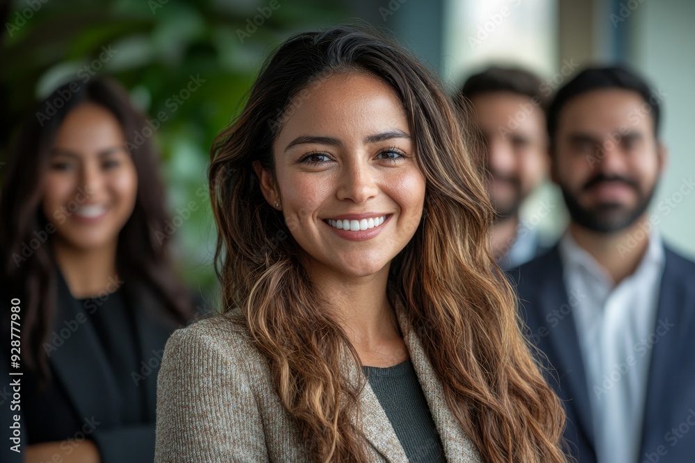 Happy smiling confident female hispanic businesswoman team leader standing together with diverse multiethnic business group in office. Company professional multinational staff, Generative AI Happy smiling confident female hispanic businesswoman team leader standing together with diverse multiethnic business group in office. Company professional multinational staff, Generative AI