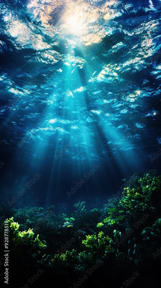 Obraz premium Sunbeams pierce through the ocean surface illuminating the vibrant underwater coral and marine life. Nature's underwater beauty at its best.