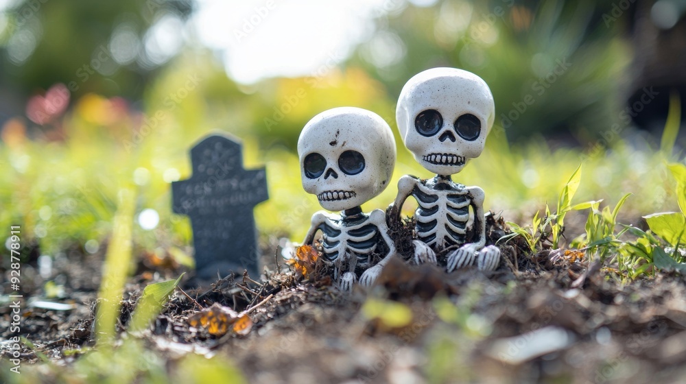 Two skeletons are sitting on the ground next to a cemetery