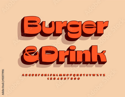 Vector advertising signboard Burger and Drink with trendy style Font. 3D creative set of Alphabet Letters and Numbers