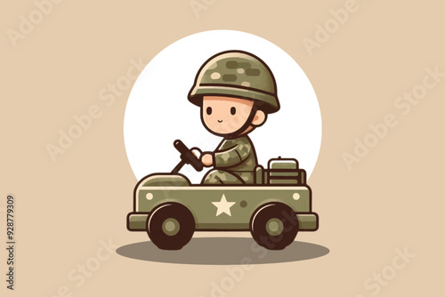 cartoon of a small child driving a toy military vehicle