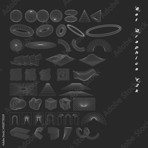 3D Line globe geometry set for 1-bit style graphic design. Y2K pixel art concept. Vector Illustration.