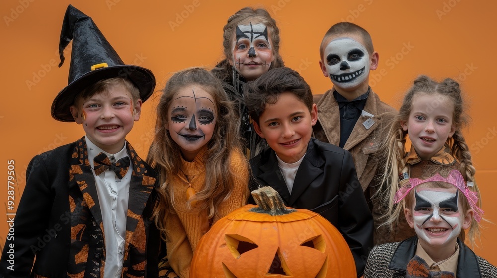 Group of Kids Dressed Up for Halloween with Pumpkin Group of Kids Dressed Up for Halloween with Pumpkin