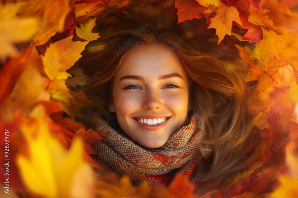 'A radiant woman with a bright smile, surrounded by swirling colorful autumn leaves, exuding warmth and joy.' 'A radiant woman with a bright smile, surrounded by swirling colorful autumn leaves, exuding warmth and joy.'
