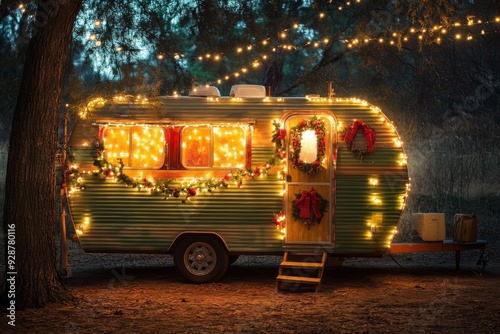 'A cozy trailer decorated with Christmas lights, wreaths, and festive ornaments, set up for holiday camping.'