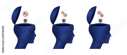 Blue open minded business head set with gears, lightbulb. 3d idea concept illustration to use for business, logical thinking, open mind, idea concept projects. 