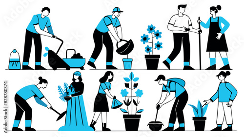 Men and women are gardening and plant vegetables, flower