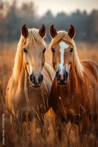 A beautiful black horse with its foal in a meadow 