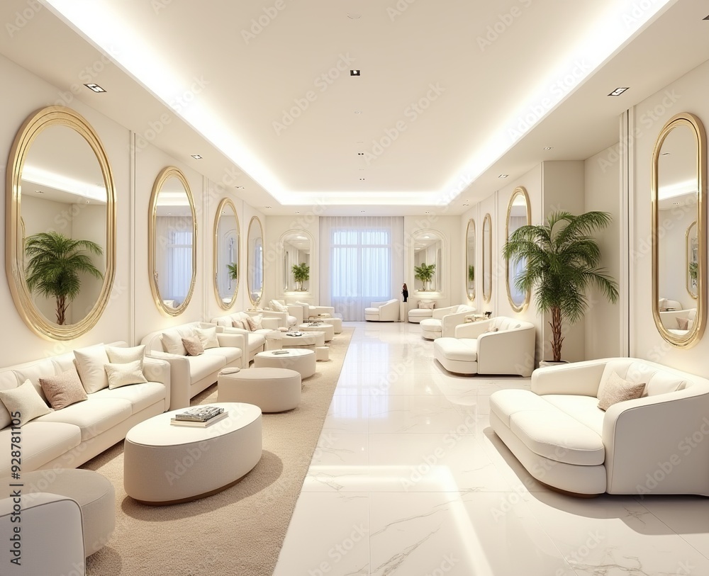Fototapeta premium Spacious Hotel Lounge with Plush Seating and Gold Accents 