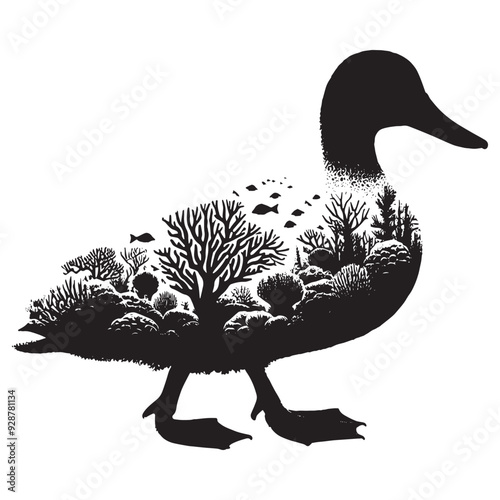 silhouette of Duck filled with underwater view with coral in rough drawing