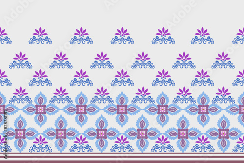 Seamless geometric texture pattern. Illustration of damask floral pattern in light pink and light blue. Vector. Wallpaper border.