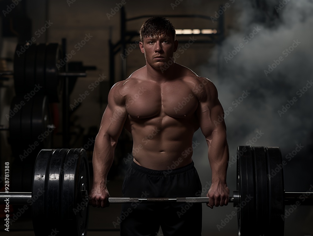 Muscular man lifting a barbell in a dark gym with smoke. Muscular man lifting a barbell in a dark gym with smoke.