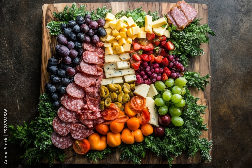 'A Christmas tree-shaped appetizer board on a wooden base, adorned with a variety of cheeses, meats, fruits, and vegetables. There is a small area for text and branding.' 'A Christmas tree-shaped appetizer board on a wooden base, adorned with a variety of cheeses, meats, fruits, and vegetables. There is a small area for text and branding.'