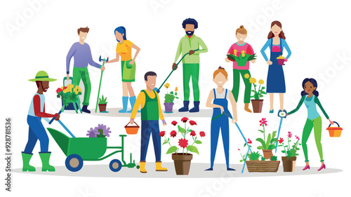 Men and women are gardening and plant vegetables, flower