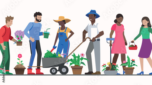 Men and women are gardening and plant vegetables, flower