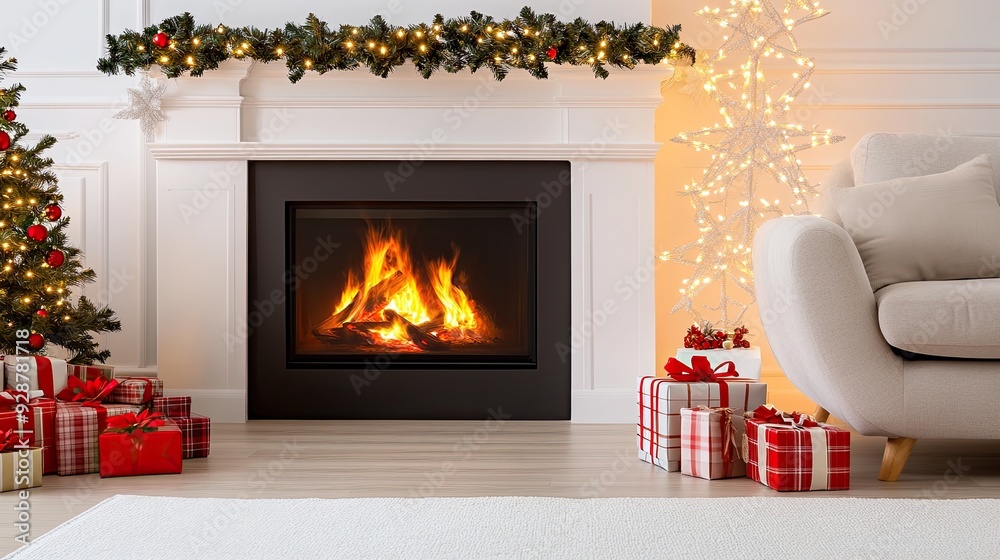 A stylish living room features a large gray and blue rug in front of a fireplace, surrounded by greenery and numerous festive wrapped gifts A stylish living room features a large gray and blue rug in front of a fireplace, surrounded by greenery and numerous festive wrapped gifts