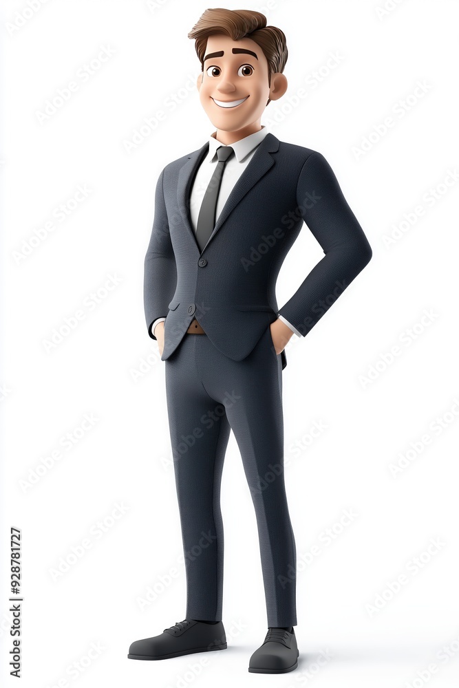 Smiling cartoon businessman in a suit standing with his hands in his pockets. Smiling cartoon businessman in a suit standing with his hands in his pockets.