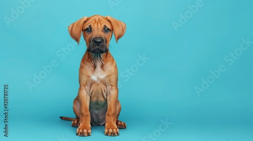 A cute Rhodesian Ridgeback puppy sitting on a soli 196 dog, dachshund, animal, pet, isolated, brown, white, puppy, cute, canine, portrait, breed, mammal, doggy, domestic, sitting, purebred, ridgeback