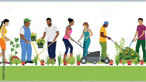 Men and women are gardening and plant vegetables, flower