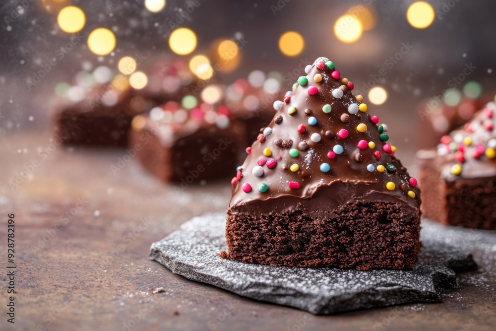 'A close-up of a chocolate brownie Christmas tree adorned with chocolate icing and festive sprinkles, set against a stone table backdrop with twinkling Christmas lights.' 'A close-up of a chocolate brownie Christmas tree adorned with chocolate icing and festive sprinkles, set against a stone table backdrop with twinkling Christmas lights.'
