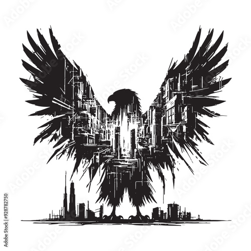 silhouette of Eagle filled with destroyed futuristic dystopia environment in rough drawing