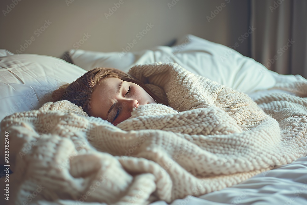 Woman sleeping peacefully in bed, covered in a soft white blanket.