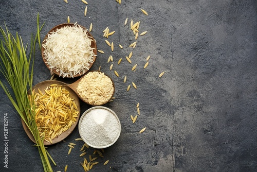 top view of various kinds of produce from rice on dark floor