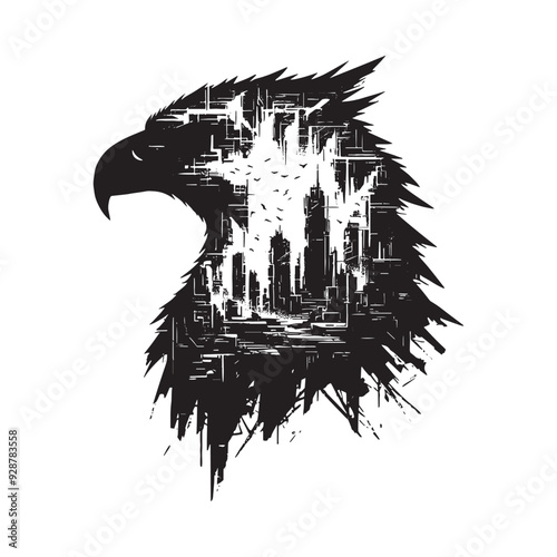 silhouette of Eagle filled with destroyed futuristic dystopia environment in rough drawing