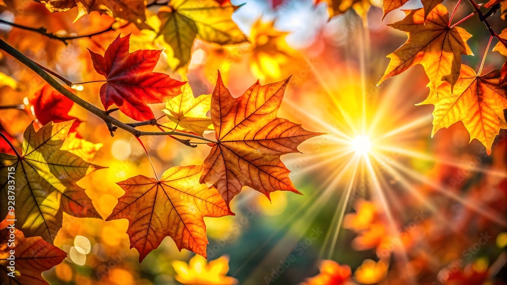 Close up of vibrant autumn leaves with sun rays filtering through, creating a warm and cozy atmosphere , autumn, leaves Close up of vibrant autumn leaves with sun rays filtering through, creating a warm and cozy atmosphere , autumn, leaves
