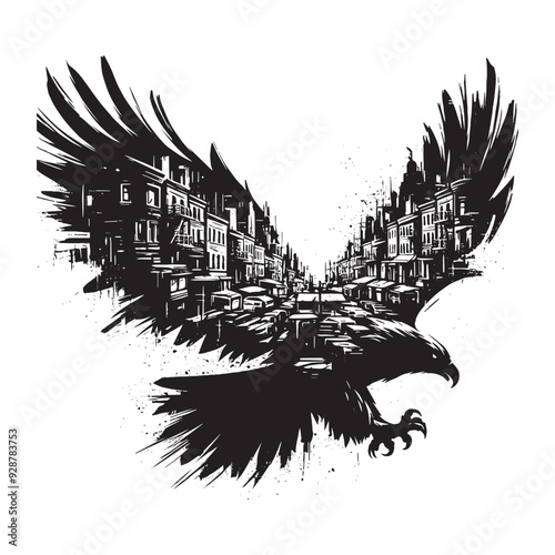 silhouette of Eagle filled with ghetto street in rough drawing