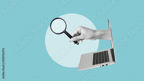 Hand out of computer with magnifying glass. Local seo concept. Internet search, computer search