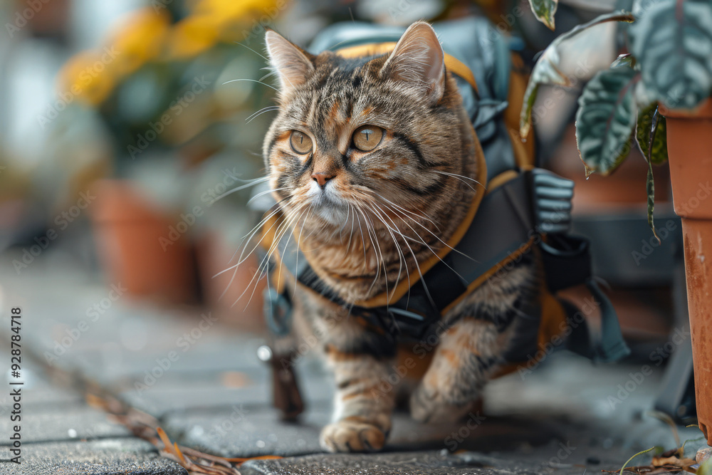 Determined cat walks outdoors using special mobility aids, showcasing independence among vibrant flowers and greenery in a sunny garden setting Determined cat walks outdoors using special mobility aids, showcasing independence among vibrant flowers and greenery in a sunny garden setting