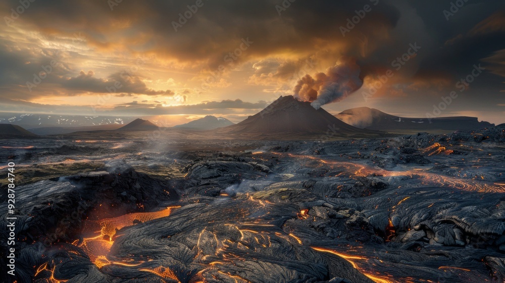 Fototapeta premium Volcanic landscape with active volcano, lava flows, dramatic sunset, and two other erupting volcanoes. Stark, apocalyptic scene devoid of life, emphasizing raw power of nature.