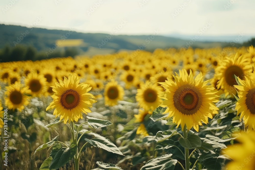 Fototapeta premium Panoramic view of a vibrant sunflower field stretching to the horizon with rolling hills in the background