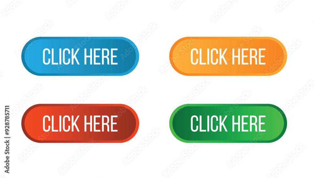 Click Here Buttons Set Different Colors. Digital Interface and webpage design concept vector Click Here Buttons Set Different Colors. Digital Interface and webpage design concept vector