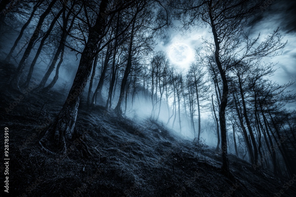 A dark misty forest panorama with a fantasy halloween landscape. A dark misty forest panorama with a fantasy halloween landscape.