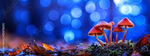 Panoramic image showing a fly agaric glowing in the soft evening light. photo