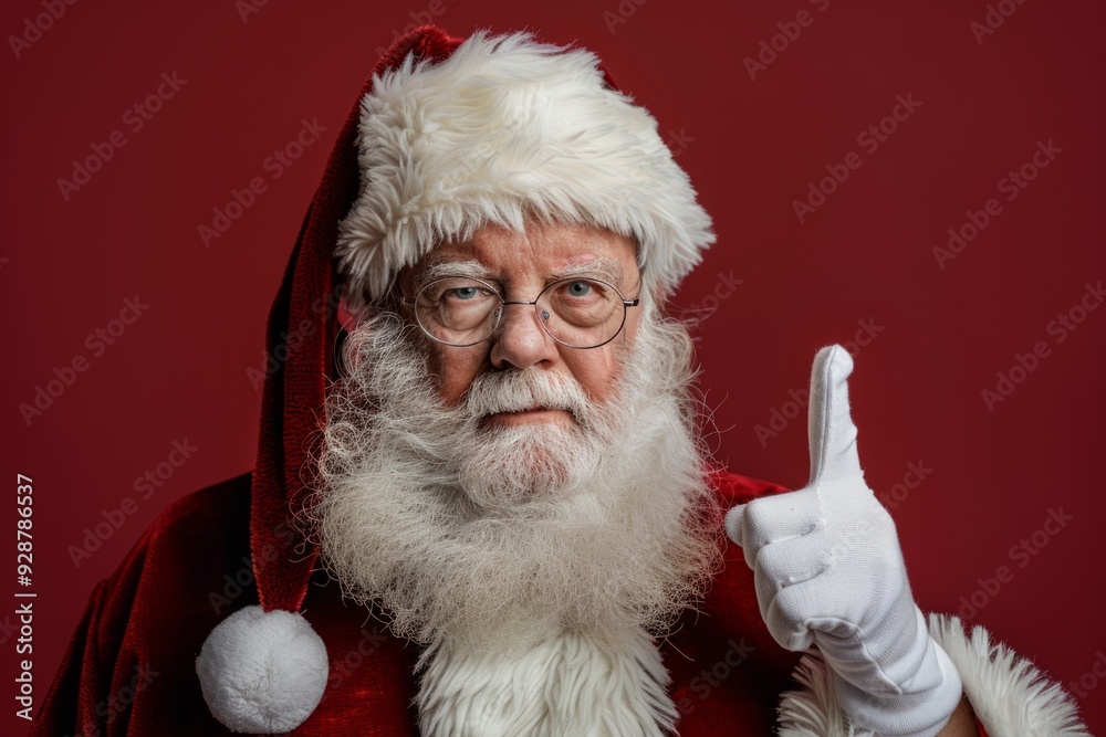 Santa Claus in classic red suit poses with a serious expression against ...