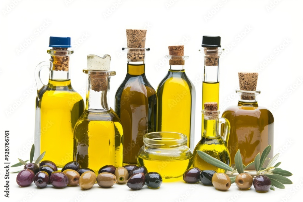 Various bottles of olive oil with olives. A healthy lifestyle theme captured in a simple style. Perfect for food, health, and wellness concepts. Generative AI Various bottles of olive oil with olives. A healthy lifestyle theme captured in a simple style. Perfect for food, health, and wellness concepts. Generative AI