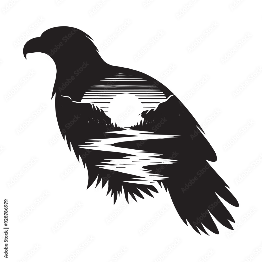 Naklejka premium silhouette of Eagle filled with river view in rough drawing