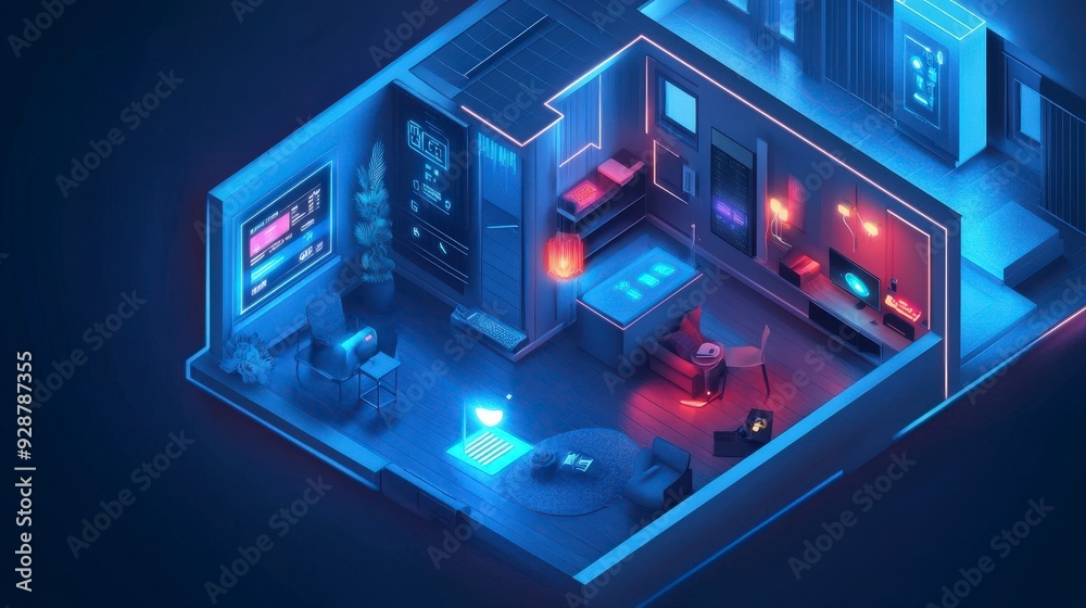 Isometric view of a modern apartment interior with neon lights, furniture, and devices. Isometric view of a modern apartment interior with neon lights, furniture, and devices.