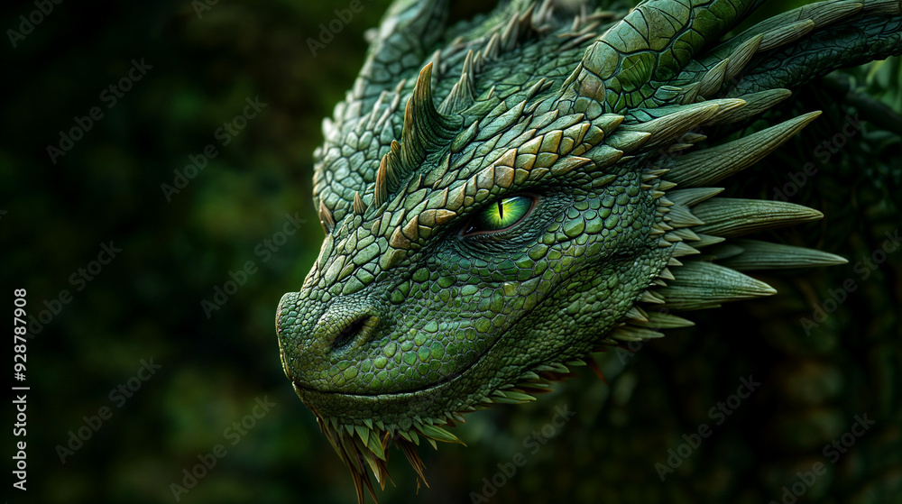 Close-up of a majestic green dragon with intricate scales and glowing eyes, detailed fantasy creature in a mythical forest setting, powerful and mystical dragon portrait Close-up of a majestic green dragon with intricate scales and glowing eyes, detailed fantasy creature in a mythical forest setting, powerful and mystical dragon portrait