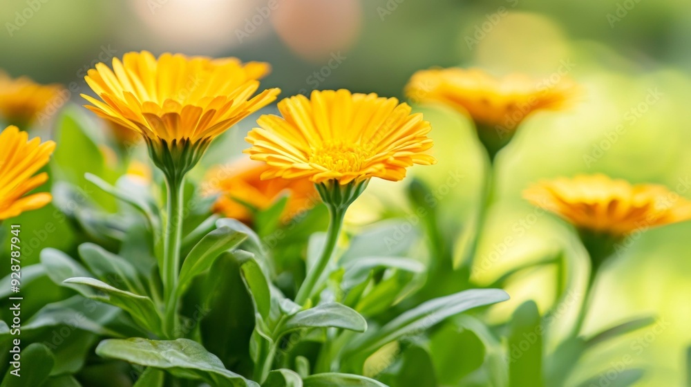 A bunch of yellow flowers are in a green garden A bunch of yellow flowers are in a green garden