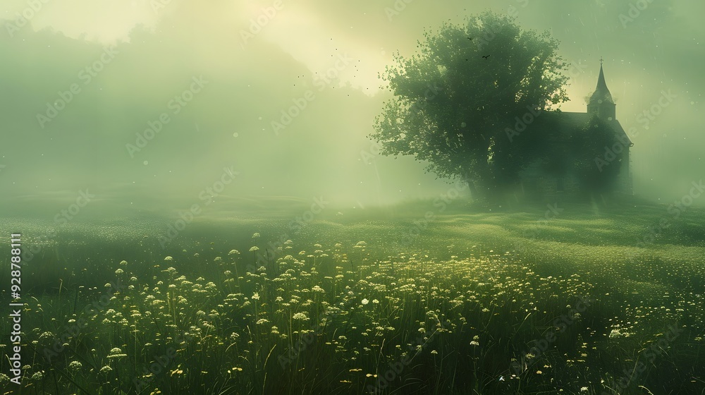 Naklejka premium Church in the Mist.