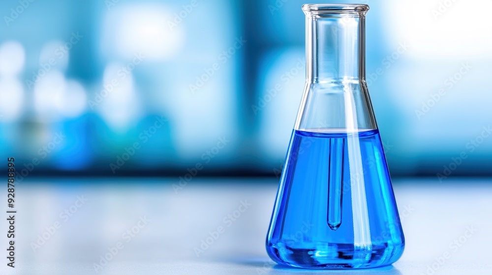 A close-up of a laboratory flask filled with vibrant blue liquid, ideal for science, chemistry, or educational projects. A close-up of a laboratory flask filled with vibrant blue liquid, ideal for science, chemistry, or educational projects.