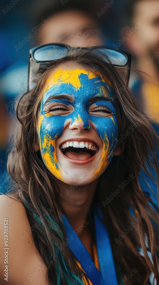 A woman with blue and yellow face paint is smiling and laughing A woman with blue and yellow face paint is smiling and laughing