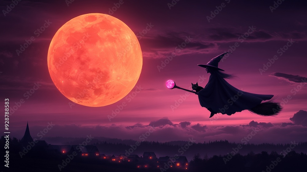 Young witch, hovering on broomstick, mischievous grin, glowing crystal orb, crooked hat, black cat on shoulder, nighttime village below Young witch, hovering on broomstick, mischievous grin, glowing crystal orb, crooked hat, black cat on shoulder, nighttime village below