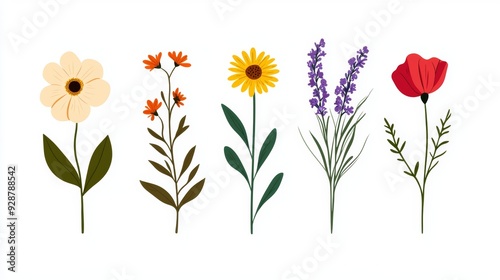 A row of flowers with different colors and sizes