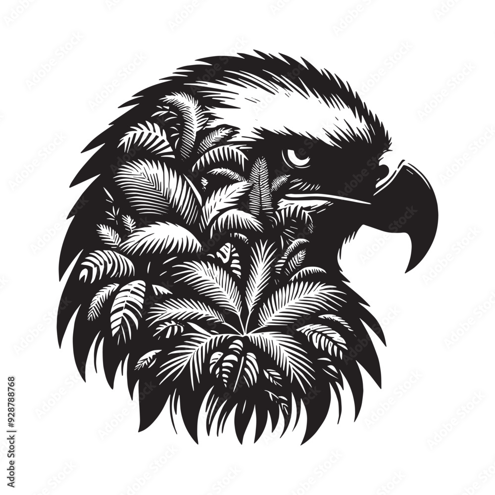 silhouette of Eagle filled with tropical plant in the jungle in rough drawing silhouette of Eagle filled with tropical plant in the jungle in rough drawing